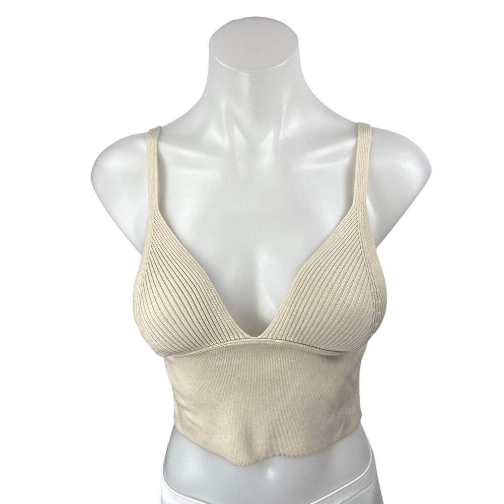 Zara Cream Ribbed Knit Sleeveless V-Neck Cami Camisole Tank Crop Top Size S